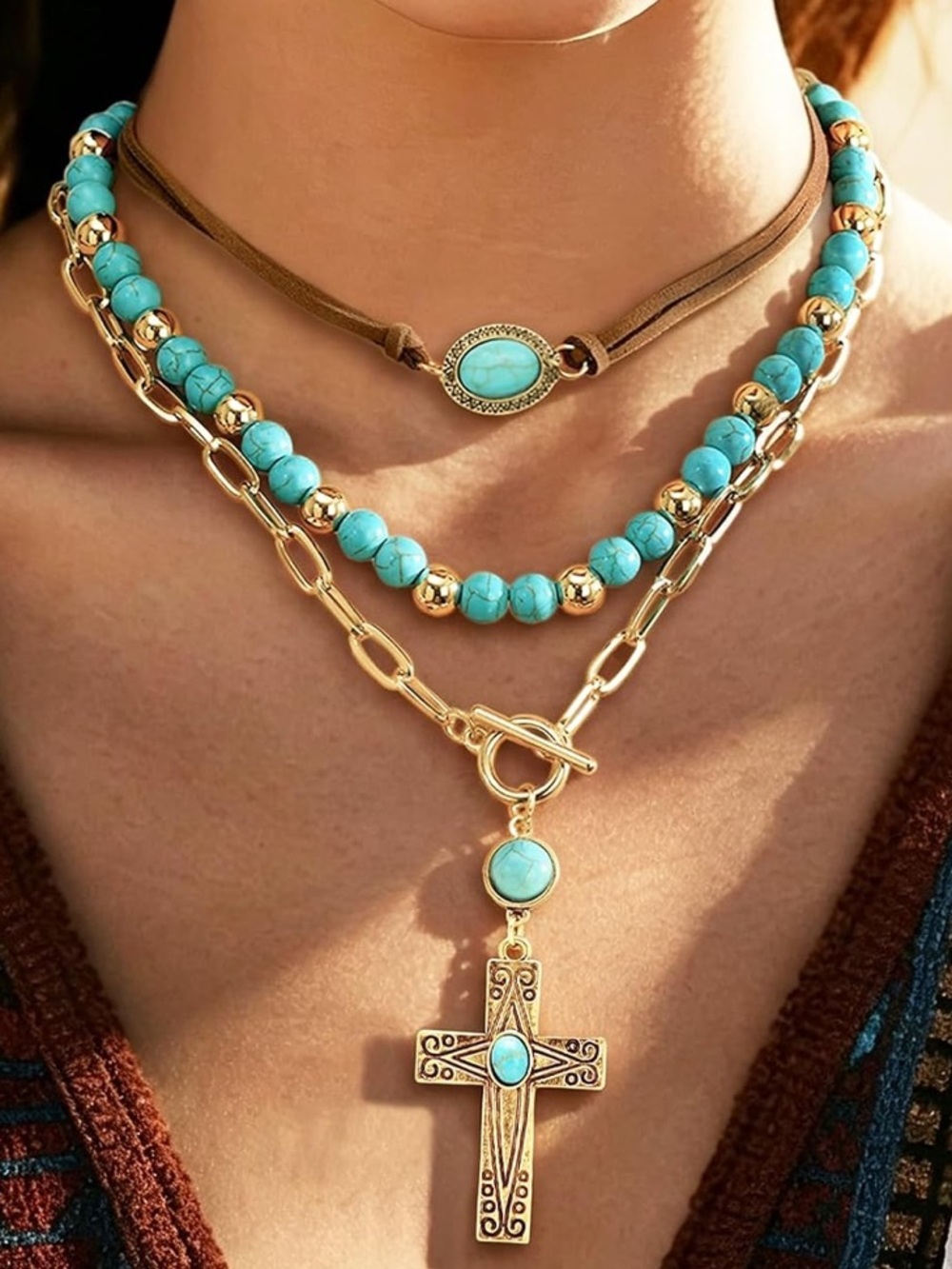 Anthropologie Turquoise and Gold Layered Cross Necklace